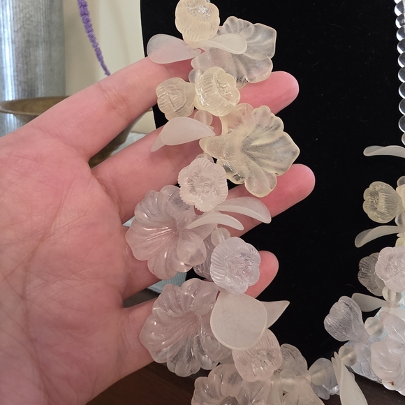 Vintage Jewelry - Vintage 925 Lucite Floral Wedding Statement Necklace Frosted White Pale Pastels
